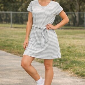 Lands’ End Striped T-Shirt Dress Womens Large Gray White Tie Waist Sporty Casual